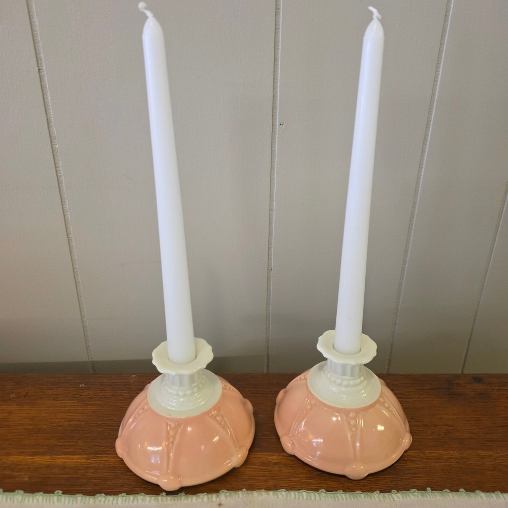 Vintage Anchor Hocking Oyster Pearl Pink Candlestick Holders Easter Spring